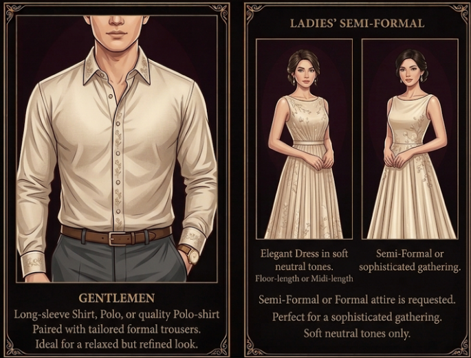 Gentlemen: long-sleeve shirt, polo, or quality polo-shirt with tailored formal trousers. Ladies: elegant semi-formal dress in soft neutral tones, floor-length or midi-length.