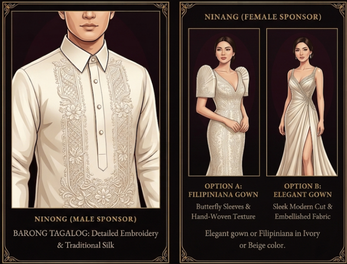 Ninong: Barong Tagalog with detailed embroidery in ivory/beige silk, paired with black pants. Ninang: elegant gown or Filipiniana in ivory or beige color, butterfly-sleeve or sleek modern cut.